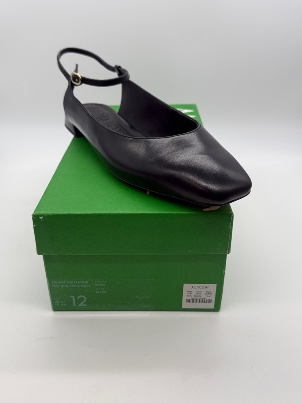 J. Crew Black Leather Square-Toe Ankle-Strap Flat